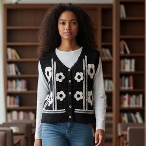 BOHEMIAN FLORAL VEST TEXTURED BLACK & WHITE KNIT V- NECK BUTTON DOWN SIZE L-XL